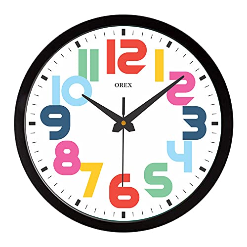 OREX Stylish Black Wall Clock - Colorful Design for Living Room, Bedroom, Kitchen, Office, Kids Room, and Shop Decor