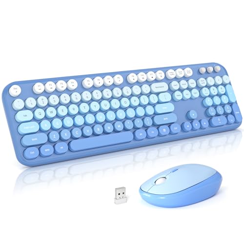 Image of Atelus Wireless Keyboard Mouse Combo, Typewriter Full Size Keyboard with Number Pad and 2 in 1 USB Connected Mouse for PC Computer Laptop Desktop Windows 7 8 10 11 (Blue Colorful)