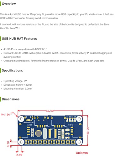 Waveshare 4 Port USB HUB Board, Compatible with Raspberry Pi Zero/Zero W/4B/3B/3B+, Features USB to UART Converter - Image 2