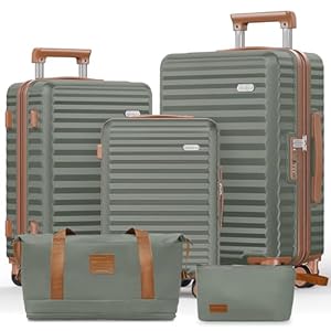 SHOWKOO Suitcase Sets 5 Piece Hard Shell Expandable Lightweight 100% PC Durable Carryon Trolley Travel Luggage Double Spinner Wheels & TSA Lock with Travel Duffels Bag +Toiletry Bag -Light Green
