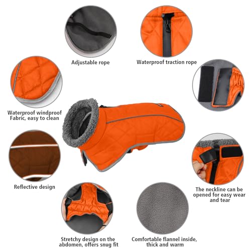 Image of Fragralley Dog Coat Small, Waterproof Dog Jacket with Warm Fleece Lining, Adjustable Reflective Dogs Winter Coat, Turtleneck Pet Coats for Cold Weather (Orange S)
