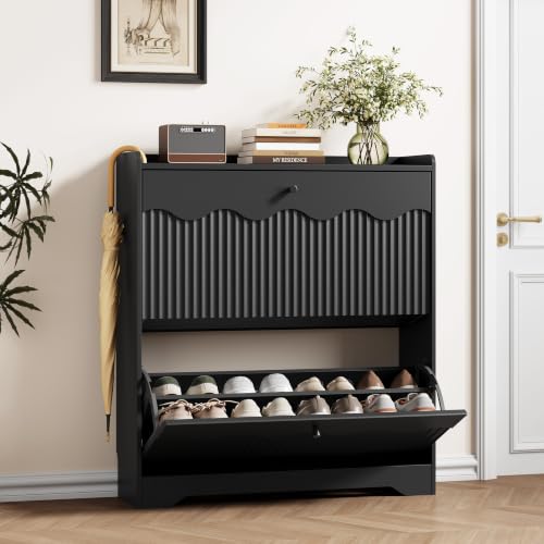 HUANLEGO Shoe Cabinet Storage for Entryway with 2 Flip Drawers, Black