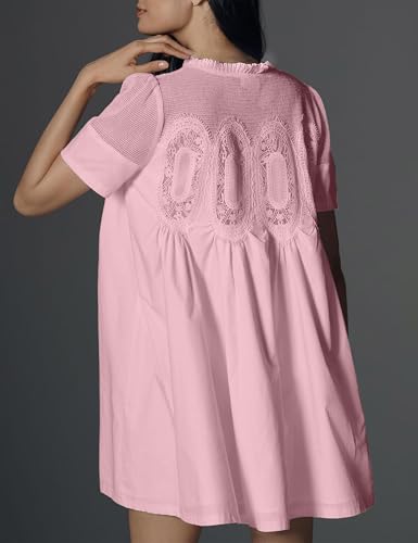 Image of Womens Summer Lace Mini Babydoll Dress Ruffled Collar Short Sleeve Loose Mesh Swing Elegant Flared Sundress
