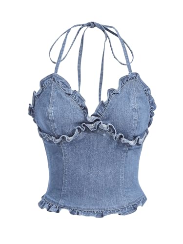 OYOANGLE Women's Lettuce Trim Spaghetti Straps Tie Backless Halter Denim Top Slim Fitted Jean Cami Tops