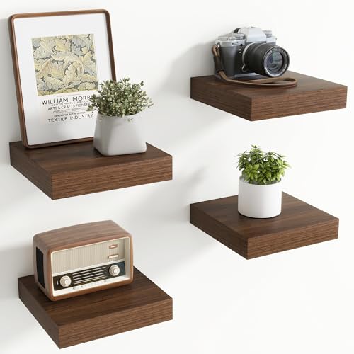Image of Axeman Square Floating Shelves for Wall, 8 inch W x 8 inch D x 1.4 inch H Rustic Wooden Wall Shelves, 4 Pack Wall Mounted Floating Shelf with Invisible Brackets for Living Room, Bathroom, Kitchen, Walnut Color