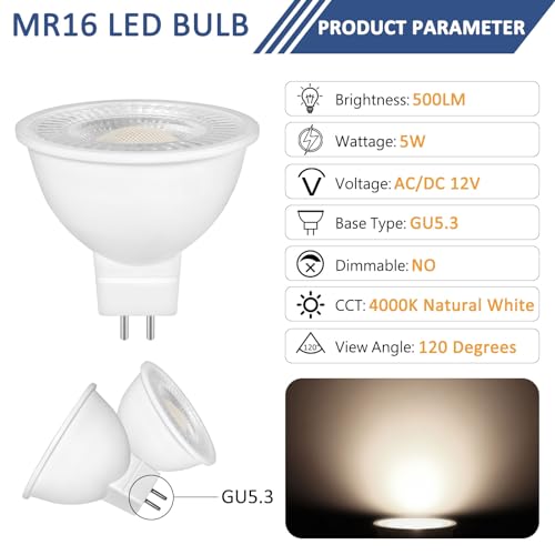 Caldarax 6 Pack MR16 GU5.3 LED 5W 12V Reflector Bulb, Natural White 4000K, Equivalent to 50W 35W Halogen Spotlight Bulb - Image 2