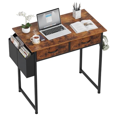 Sweetcrispy Computer Desk Small 32 Inch Home Office Bedroom Writing Study PC Table with Fabric Storage Drawers Space Side Bag Headphone Hook Adjustable Feet Modern Simple Style, Rustic Brown