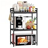 Mointal Soporte Expandible para Microondas, Estantería 3 Niveles para Microondas de Cocina, Estantería Acero al Carbono para Microondas de Encimera, Organizador Almacenaje Cocina con 8 Ganchos, Negro
