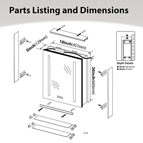 Bathlink Led Medicine Cabinet Mirror For Bathroom, Lighted Medicine Cabinet With Clock, Lighted Medicine Cabinets For Bathroom With Mirror, 18"×26"×5", Defog, Adjustable Light, Right Hinge #TOP5