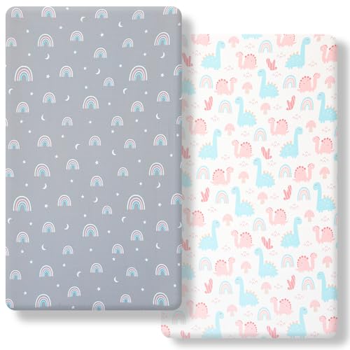 Image of FHMJYH Super Soft Stretch Knit Crib Sheet Fitted Sheet Set 2 Pieces Fits All Standard Crib Mattresses for Boys Girls Microfiber (52"x28") (Rainbow & Dinosaur)