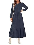 MEROKEETY Women's Fall Long Sleeve Maxi Dresses 2024 Casual Knit Crew Neck Tiered Flowy Pockets Dress, Navy, Medium