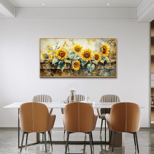 ERQINHUA Large Canvas Wall Art For Living Room Wall Decor Vintage Yellow Sunflower Painting Decor Dining Room Bedroom Bathroom Kitchen Room Wall Print Painting For Home Decor Wood Frame 20x40 In