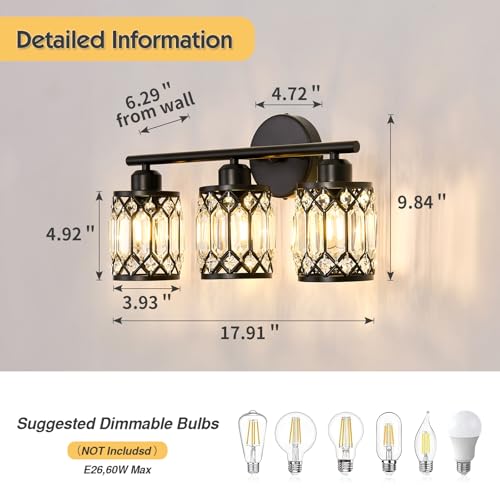 Image of CVKASH 3 Light Bathroom Vanity Light Fixture Over Mirror Black Vintage Vanity Lights with Glass Shade Farmhouse Wall Sceonce for Bedroom Dressing Room Living Room Hallway Cabinet