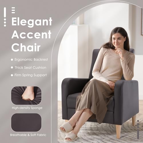 Image of COLAMY Mid-Century Modern Accent Chairs Set of 2, Faux Leather Upholstered Living Room Chairs with Back Pillow & Solid Wood Legs, Comfy Armchair for Living Room, Bedroom, Single Sofa, Dark Brown