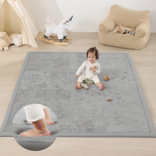 Image of 1.3 inch Thick Baby Floor Play Mat, 50x74 Padded Foam Tummy Time Crawling Mat, Non-Slip Water-Repellent Soft Plush Nursey Area Rug for Playroom Bedroom Living Room (Light Gery)