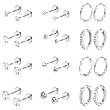Juego de 12 pares de aretes de tuerca para mujer, de acero quirúrgico, hipoalergénicos, aretes de aro pequeños con circonita cúbica plana, aretes de cartílago de hélice, aretes de plata para mujer