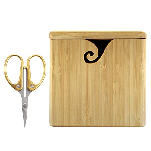 Natural Finish Bamboo Yarn Box with Scissors