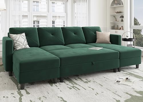 image for HONBAY Sleeper Sectional Sofa Set Velvet U Shaped Couch with Storage O