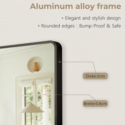 Clevich Premium Standspiegel 162x50 cm, Groß Wandspiegel Ganzkörperspiegel mit 3 cm Dicker Rahmen aus Aluminium und Feste Rückwand, Deko Spiegel für Wohn Schlaf Bad, Runden Ecken Schwarz