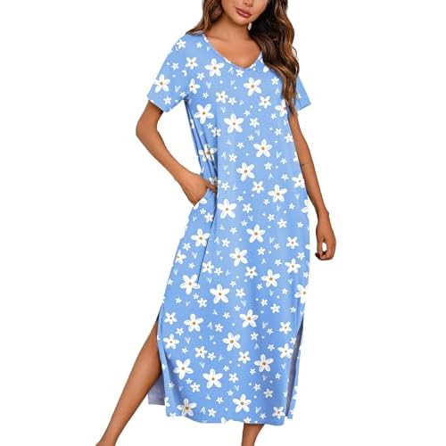 Marvmys Women Short Sleeve Nightgown Cotton Long Nightshirts with Pocket Small Sky Blue Flower