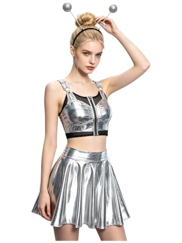 Body de astronauta espacial para mujer con conjunto de top corto y falda Y2K reflectante
