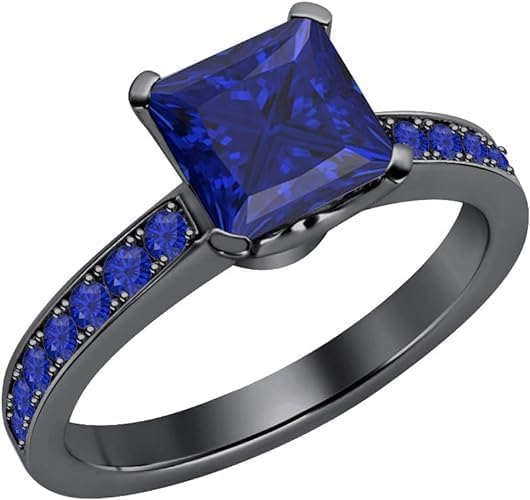 Santosh Enterprises Princess Cut Sapphire and Diamond Engagement Ring in 14K Black Gold Over Sterling Silver