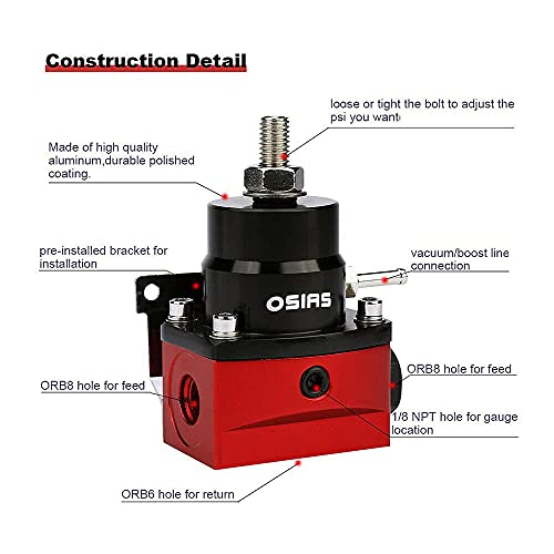 Osias Universal Adjustable Efi Aluminum Fuel Pressure Regulator Kit + Oil 160 Psi Pressure Gage An6-6An Fuel Line Hose Fitting End Connectors Kit Black & Red … #TOP2