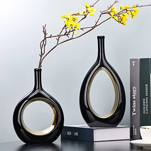 Black And Gold Vase Hollow Ceramic Vase Set Of 2,Black Vases Home Decor, Boho Donut Vases Nordic Minimalist Decorative Vase, For Table Centerpiece Wedding Dining Living Room Office House Decoration #TOP6