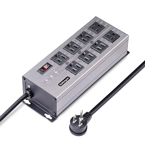 StarTech.com Flat Plug 8-Outlet Heavy Duty Industrial Power Strip 125V/15A with Surge Protector, EMI/RFI Isolation, Mountable PDU, 12ft/3.6m Extension Power Cord, NEMA 5-15P/R, TAA