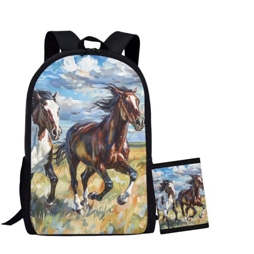 COEQINE Mens Horse Backpacks Wallet Cool Watercolorful Horse Fashion Horse Bookbag With Water Holder Portable Trifold Wallet With Coin Pocket