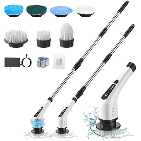Cordless Electric Spin Scrubber, Cordless Cleaning Brush with 7 Replaceable Brush Heads, Tub and Floor Tile Scrubber 3 Speed with Adjustable & Detachable Handle for Bathroom Shower Bathtub Glass Cover