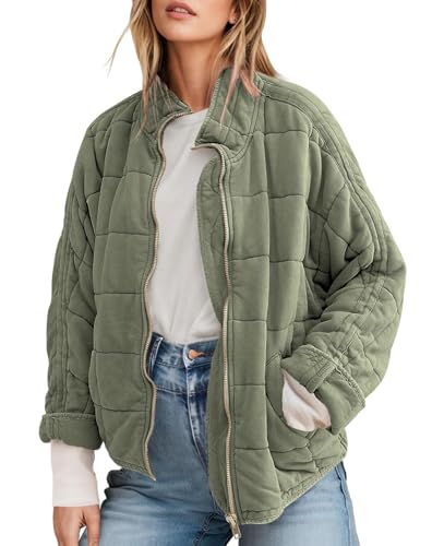 SAUKOLE Womens Winter Dolman Long Sleeve Full-Zip Quilted Jacket Coat Warm Outerwear Green