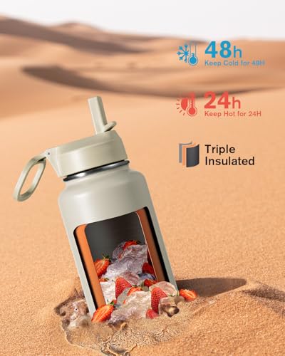 Image of Coolflask 40 oz Water Bottle Insulated with Straw & 3 Leakproof Lids