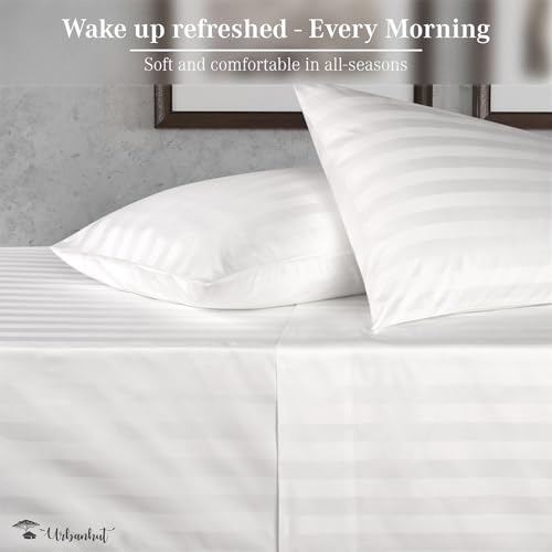 URBANHUT 800 Thread Count Egyptian Cotton Damask Striped Queen Size Sheets Set (4 Pcs) - Ultra Soft & Smooth, Sateen Weave Queen Size Sheets, Luxury Hotel Sheets with 16" Deep Pocket - White