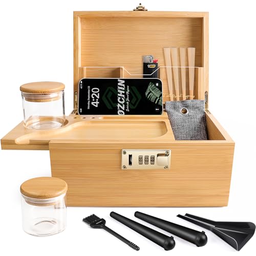 OZCHIN Bamboo Smell Proof Container Locking Box, Large Wooden Storage Box with Glass Jar, Christmas Gifts for Men Women, Home Decor & Smoking Accessories