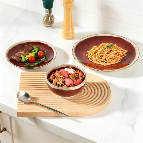 Image of Sweejar 12 Pieces Ceramic Dinnerware Sets for 4, Burgundy Red | Gradient Glaze Plates and Bowls Set, Microwave & Dishwasher Safe, Stackable Dish Set, Scratch Resistant Dishware Sets