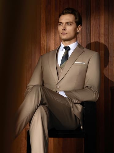 WULFUL Men’s Slim Fit Suit One Button 3-Piece Blazer Dress Business Wedding Party Jacket Vest & Pant