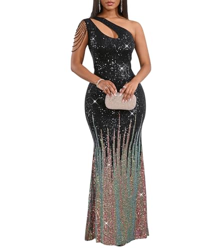 Image of Cololura Women Sequin Elegant Sexy One Shoulder Tassel Mermaid Bodycon Cocktail Evening Dress
