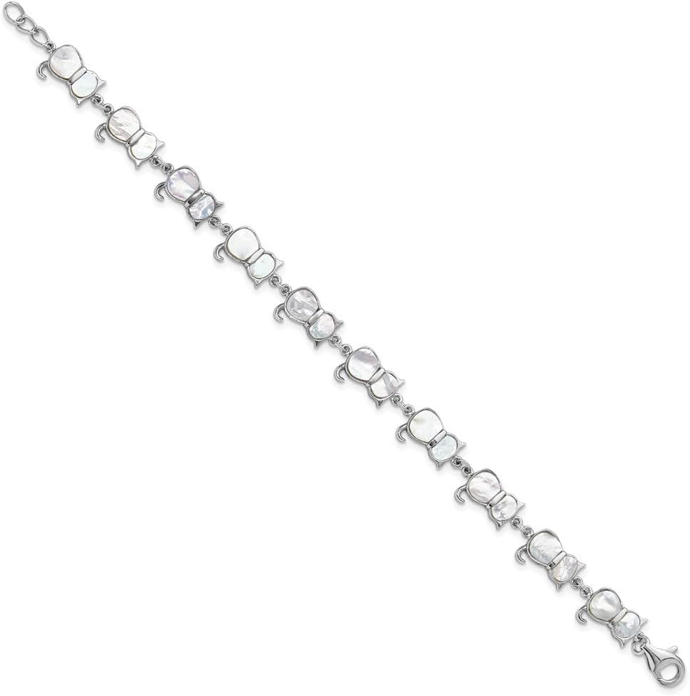 925 Sterling Silver Rhodium-plated Mother of Pearl Cat Link Chain Bracelet 7.5"