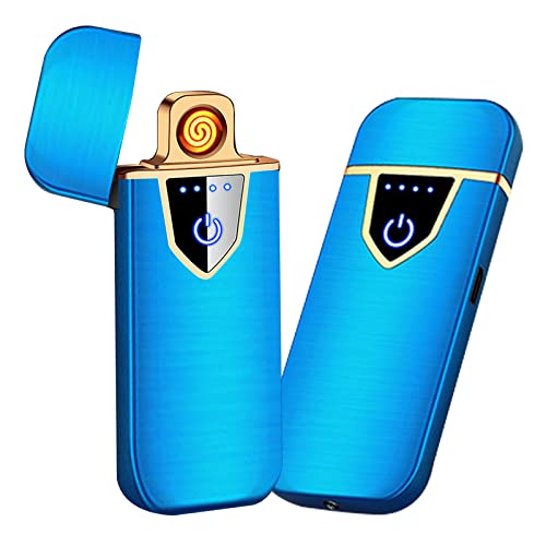 Electronic Lighter, USB Rechargeable Lighter Touch Ignition USB Charging Lighter, Cool Creative Windproof Plasma Lighter for Candle, Cigarette Power Indicator Flameless Gifts Lighter(Blue)