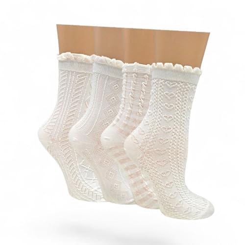 Image of Opa! Women White Lace Ruffles Socks Cottagecore Floral Frilly Sock Thin Cotton Summer Crew Socks -Soft Breathable.