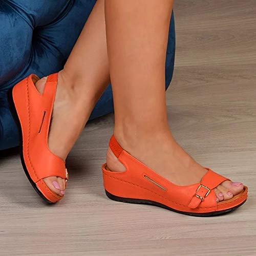 BTKD Women's Comfortable Wedge Sandals Ladies Mule Clogs Slippers Strap Platform Vintage Peep Toe Soft Fit Summer Sandal Leather Lined Wedge Strappy Summer Sandal,Orange,39