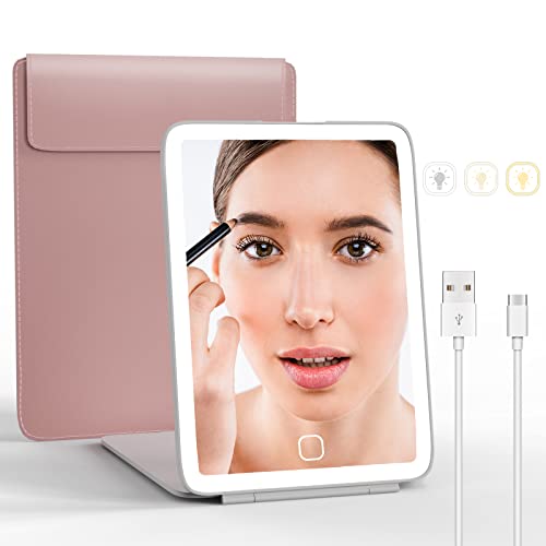 Luckme Travel Mirror With Light,Type-C Usb Rechargeable Travel Lighted Makeup Mirror, 3 Colors Led Lights Brightness Dimmable 5X7 Inches Portable Foldable Makeup Mirror With Light (Pink) #TOP4