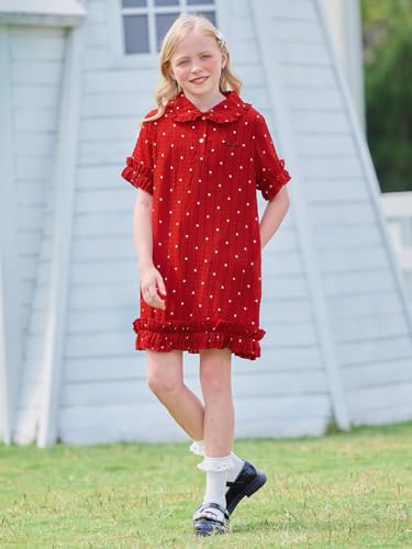 Girls Dresses,Red Ruffle Trim Dress with White Floral Polka Dots - Casual Party Dress for Girls & Tweens 6-16Y2