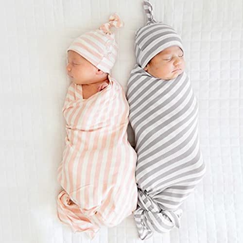 Image of Newborn Baby Swaddle Blankets Beanie Hat Stripe Printed Swaddle Sack Receiving Blankets Baby Shower Swaddle Sets of 2 0-3 Months