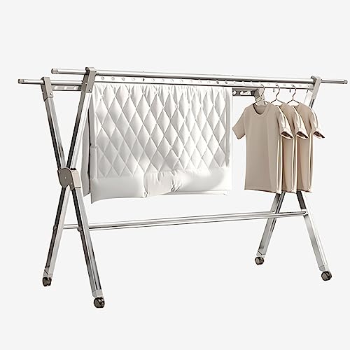 折りたたみ式可動式ランドリー物干し、4つのキャスター付き、折りたたみ式メタル乾燥ラックスタンド、省スペースランドリーソリューションのための調節可能な大容量衣類ラック