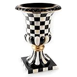 MACKENZIE-CHILDS Pedestal Tabletop Urn, Decorative Centerpiece for Table, Mantel, or Shelf, Tall, Black-and-White Courtly Check