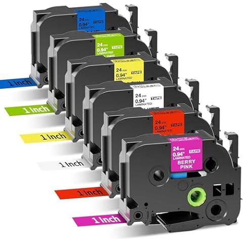 Oozmas Replacement for Brother Label Maker Tape 1 Inch TZe Tape 24mm 0.94" Laminated Colored P-Touch Tape Compatible with Brother PT-P710BT PT-D610BT PT-2300, White/Red/Yellow/Blue/Green/Pink, 6PK Cover