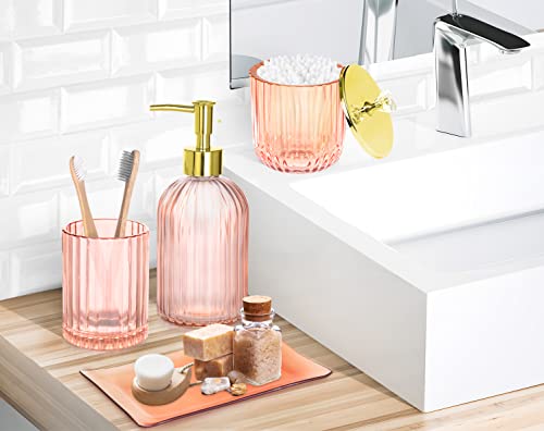 Bathroom Accessories Set, 4 Pcs Glass Bathroom Accessories Sets Complete W/Lotion Soap Dispenser, Toothbrush Holder, Apothecary Jar, Vanity Tray, Modern Bathroom Decor, Gift For Home Apartment- Pink #TOP1