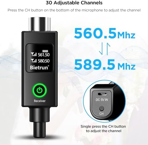 Bietrun XLR Wireless Microphone, Rechargeable Dual Metal Cordless Handheld Dynamic Mics for Mixer, Audio Interface, PA Amplifier System, Church, Singing, Karaoke(UHF 240FT Range)(with 6.35 Adapter)